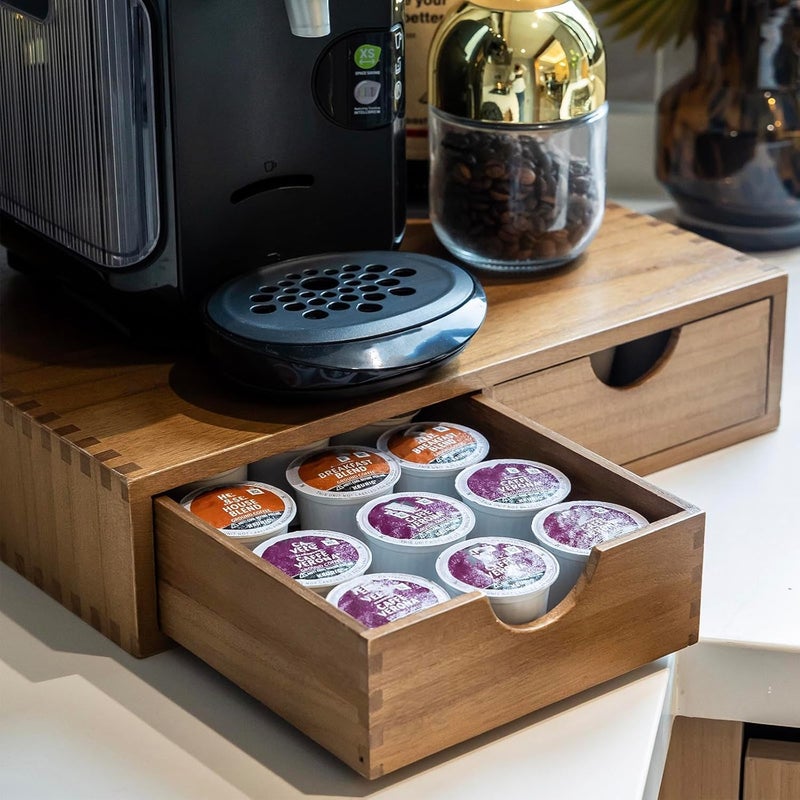 FLYIEE Wooden K Cup Organizer Coffee Pod Storage Box, Coffee Pods and Tea Organizer Holder, K Pod Drawer Coffee Maker Machine Stand, Organizador De Cafe, Kcup Drawer Organizer Under Brewer, 30 Pod Capacity - Image 1