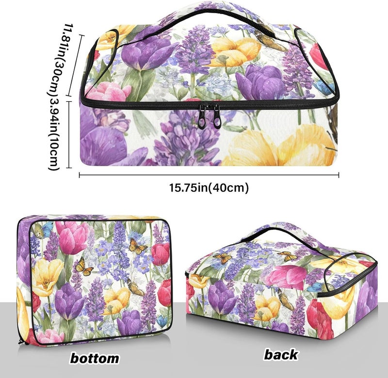 ElliTarr Casserole Carrier Insulated Casserole Dish Carrier Thermal Food Warmer Bag Lasagna Holder Lugger Tote Potluck Containers for Travel Picnic Party Tulips Lavenders Purple Butterfly - Image 3