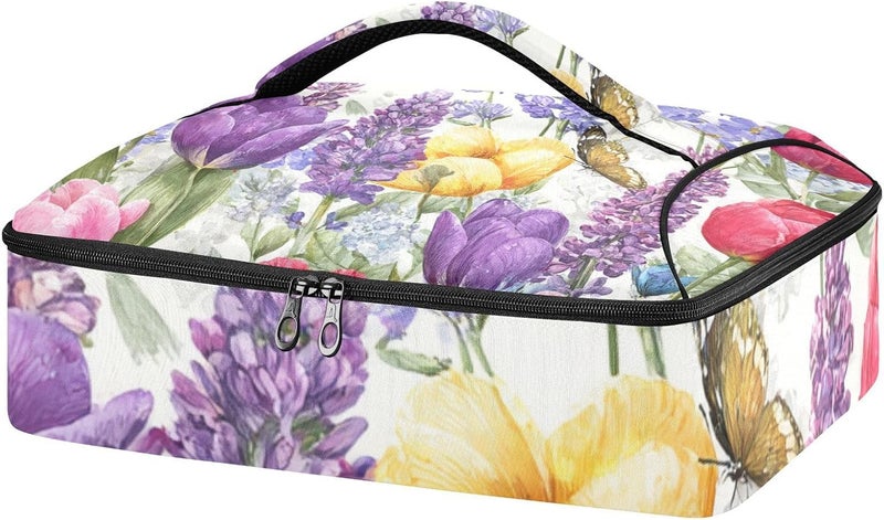 ElliTarr Casserole Carrier Insulated Casserole Dish Carrier Thermal Food Warmer Bag Lasagna Holder Lugger Tote Potluck Containers for Travel Picnic Party Tulips Lavenders Purple Butterfly - Image 1