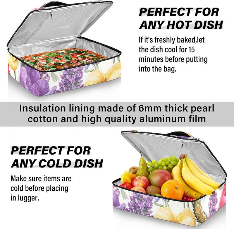ElliTarr Casserole Carrier Insulated Casserole Dish Carrier Thermal Food Warmer Bag Lasagna Holder Lugger Tote Potluck Containers for Travel Picnic Party Tulips Lavenders Purple Butterfly - Image 5