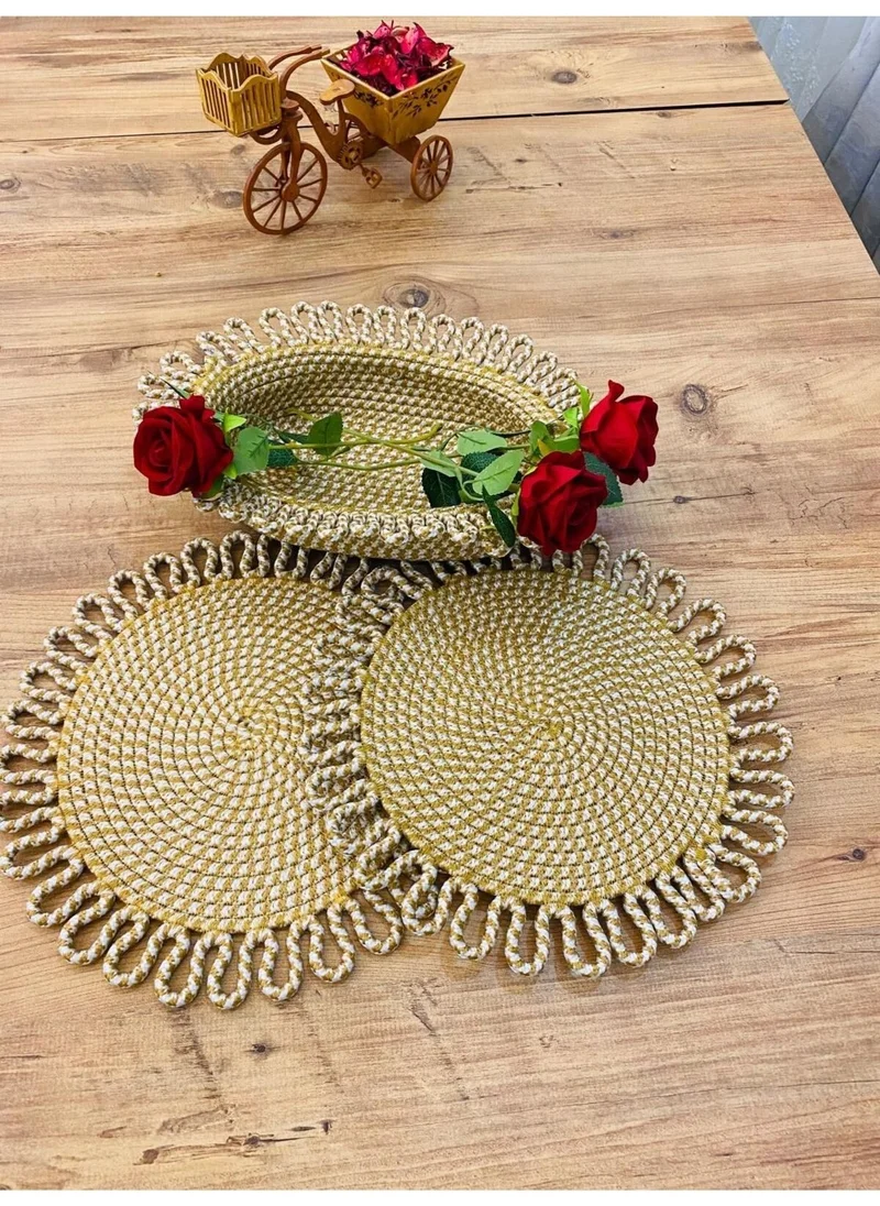 BDZ Deri BDZ Leather Jute Wicker American Service Plate and Basket 3 Pieces