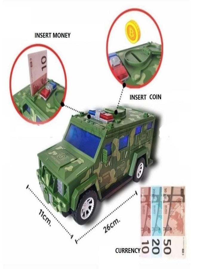Ixora Military car Money Safe Box for Kids Piggy Coin Cash Savings Box Bump n go Military Truck Lights Sound Music Army Jeep Money Saving Pot Safe ATM Safe Bank Toy car Gifts for Children - Image 2