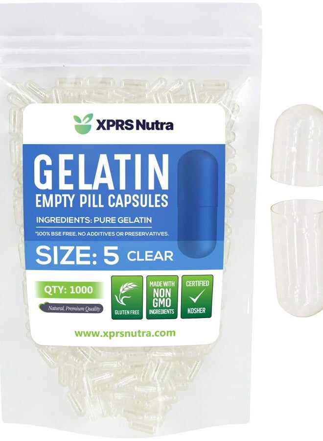XPRS Nutra كبسولات فارغة حجم 5 - 1000 عد Very Small Clear Empty Gelatin Capsules - كبسولات حبوب DIY لملء الكبسولات - كبسولات هلامية قابلة للملء لمكملات الفيتامينات التي تصنعها بنفسك - Image 1