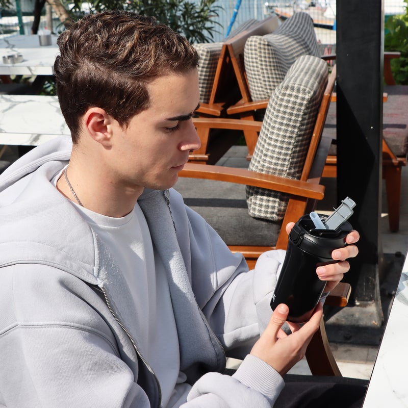 Any Morning 14 oz Travel Mug SI232021 - Black, Leakproof, Dual Lid, Stainless Steel - Image 4