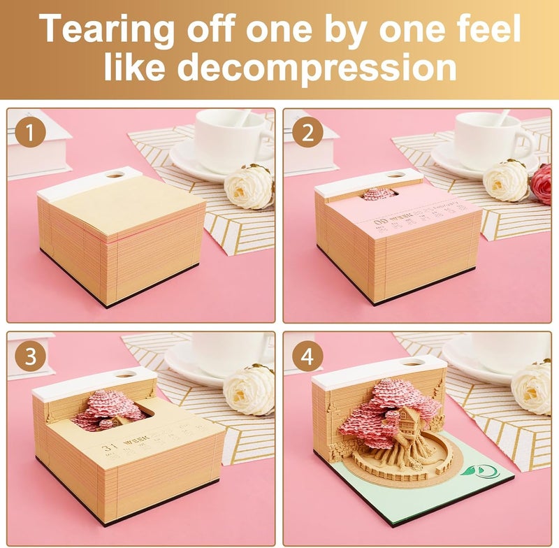 windforgecraft 3D Desk Calendar 3D Art Calendar Memo Pad Unique and Creative Paper Sculpture Weekly Calendar Creative 3D Paper Decorative Desk Calendar for Birthday Christmas Valentine's Day Wedding Gifts (Pink Treehouse) - Image 5