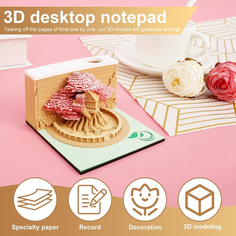 windforgecraft 3D Desk Calendar 3D Art Calendar Memo Pad Unique and Creative Paper Sculpture Weekly Calendar Creative 3D Paper Decorative Desk Calendar for Birthday Christmas Valentine's Day Wedding Gifts (Pink Treehouse) - Image 3