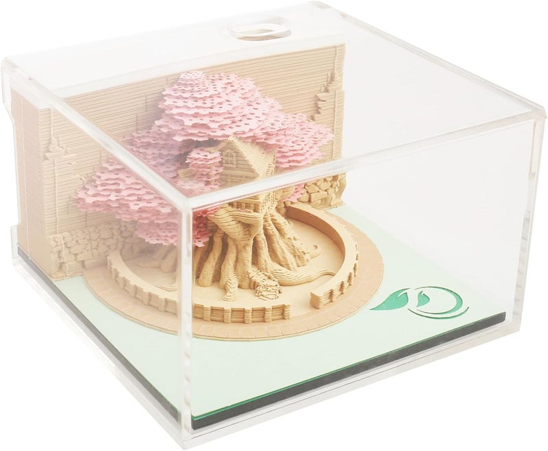 windforgecraft 3D Desk Calendar 3D Art Calendar Memo Pad Unique and Creative Paper Sculpture Weekly Calendar Creative 3D Paper Decorative Desk Calendar for Birthday Christmas Valentine's Day Wedding Gifts (Pink Treehouse) - Image 1