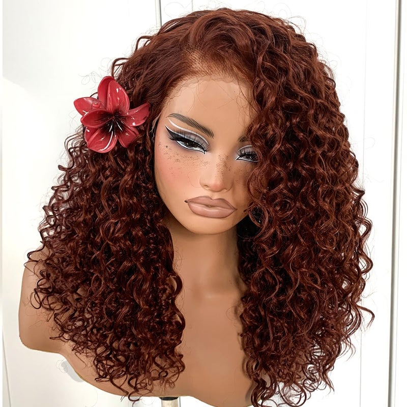MITIMES Reddish Brown HD Lace Curly Wig Wear And Go Glueless Wig Pre-Plucked Synthetic Lace Frontal Wig 13x6 Kinky Afro Curly With Layer 18 Inch - Image 1