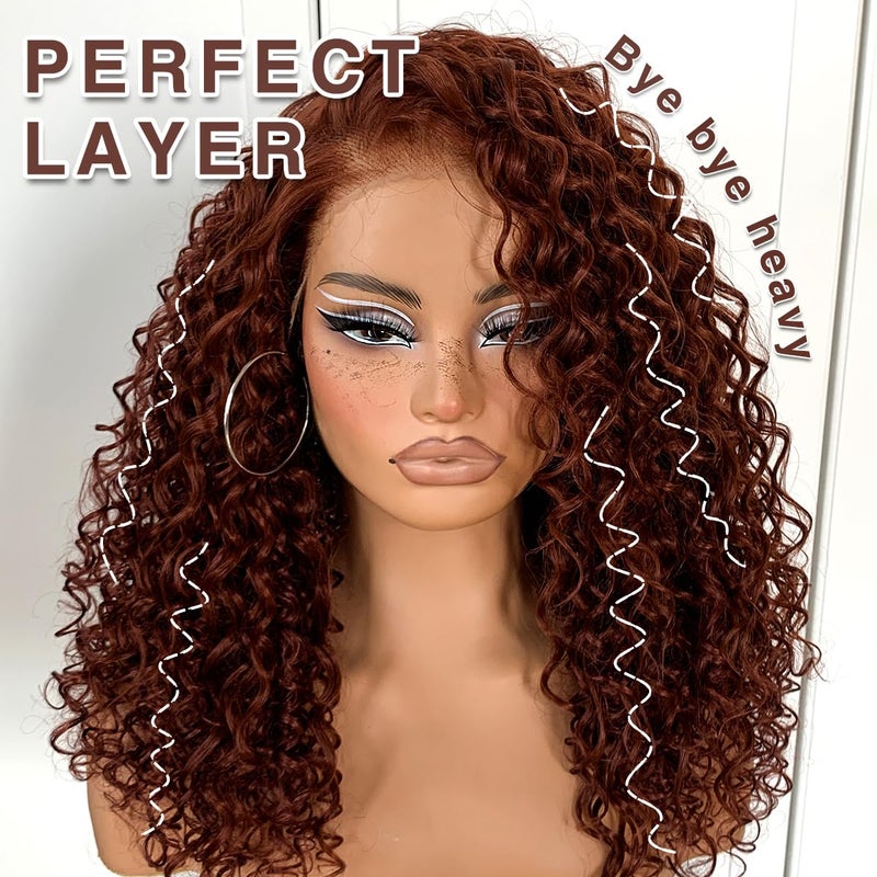 MITIMES Reddish Brown HD Lace Curly Wig Wear And Go Glueless Wig Pre-Plucked Synthetic Lace Frontal Wig 13x6 Kinky Afro Curly With Layer 18 Inch - Image 3