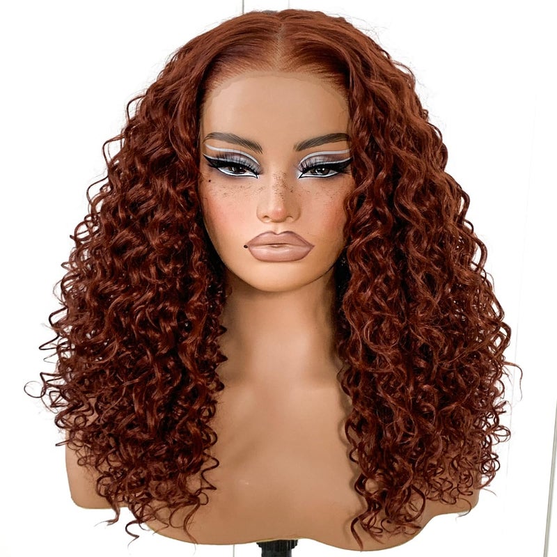 MITIMES Reddish Brown HD Lace Curly Wig Wear And Go Glueless Wig Pre-Plucked Synthetic Lace Frontal Wig 13x6 Kinky Afro Curly With Layer 18 Inch - Image 2