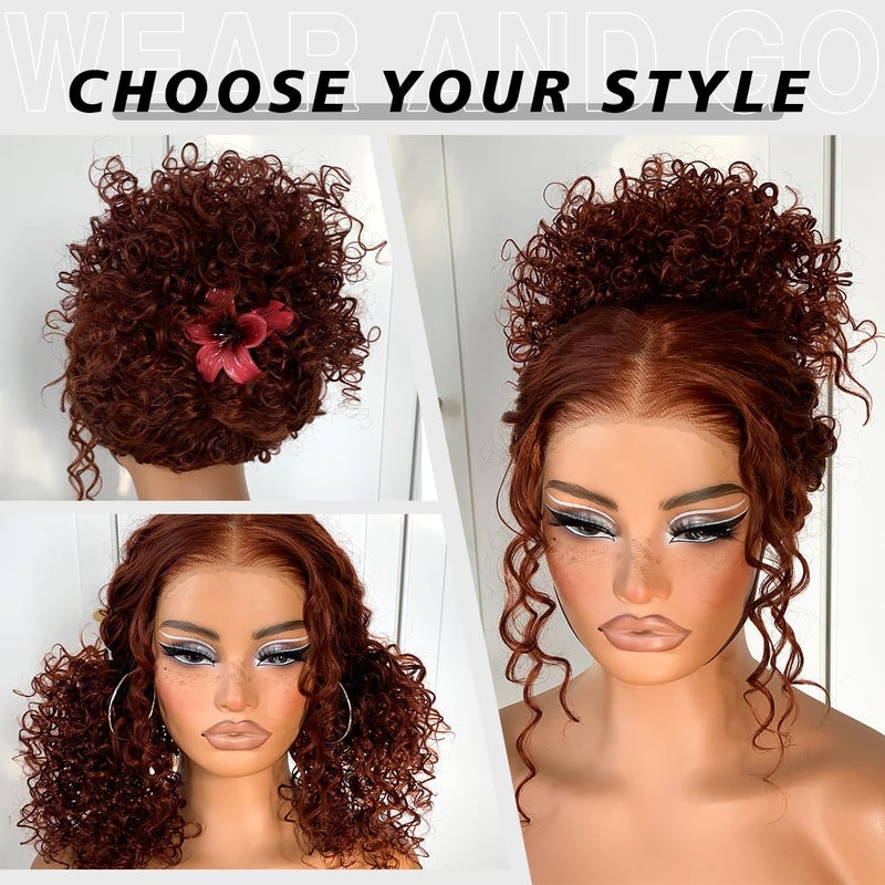 MITIMES Reddish Brown HD Lace Curly Wig Wear And Go Glueless Wig Pre-Plucked Synthetic Lace Frontal Wig 13x6 Kinky Afro Curly With Layer 18 Inch - Image 5