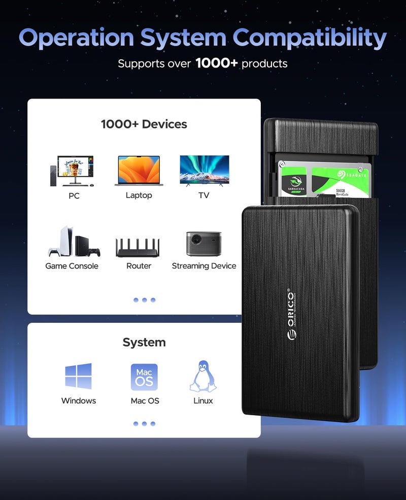 ORICO USB 3.0 to SATA III 2.5" External Hard Drive Enclosure for 2.5 Inch 7mm-9.5mm SATA HDD/SSD Tool Free [UASP Supported],Black(2189U3) - Image 4