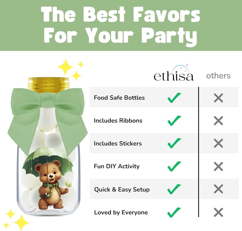 Ethisa Small 12 Pack Woodland We Can Bearly Wait Party Favors - Gender Neutral Jars with Ribbons and Stickers - DIY Sage Green Party Decoration Candy Bottles for Teddy Bear Baby Shower and Reveal - Image 5