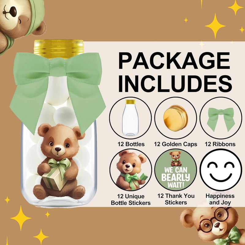 Ethisa Small 12 Pack Woodland We Can Bearly Wait Party Favors - Gender Neutral Jars with Ribbons and Stickers - DIY Sage Green Party Decoration Candy Bottles for Teddy Bear Baby Shower and Reveal - Image 2