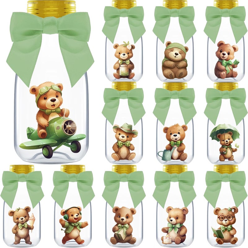 Ethisa Small 12 Pack Woodland We Can Bearly Wait Party Favors - Gender Neutral Jars with Ribbons and Stickers - DIY Sage Green Party Decoration Candy Bottles for Teddy Bear Baby Shower and Reveal - Image 1