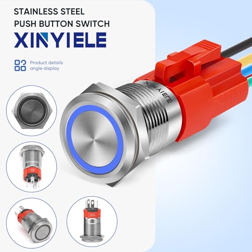 XINYIELE 16MM Latching 12V Push Button Switch On Off,Waterproof Stainless Steel with LED Light Power Button Switch for car，0.63" Mounting Hole with Wire Socket Plug Self-Locking(Ring Blue LED) - Image 3