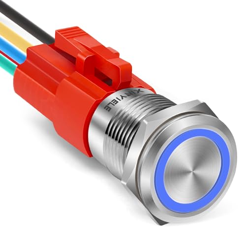 XINYIELE 16MM Latching 12V Push Button Switch On Off,Waterproof Stainless Steel with LED Light Power Button Switch for car，0.63" Mounting Hole with Wire Socket Plug Self-Locking(Ring Blue LED) - Image 1