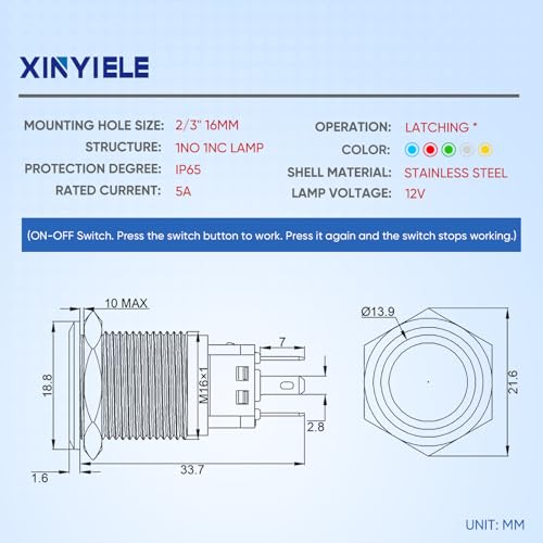 XINYIELE 16MM Latching 12V Push Button Switch On Off,Waterproof Stainless Steel with LED Light Power Button Switch for car，0.63" Mounting Hole with Wire Socket Plug Self-Locking(Ring Blue LED) - Image 2