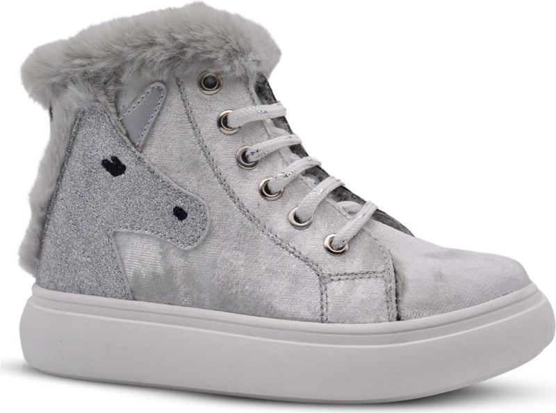 Kids A More Heira Unicorn Patterned Plush Furry Baby Girl Boots Silver  - Image 1