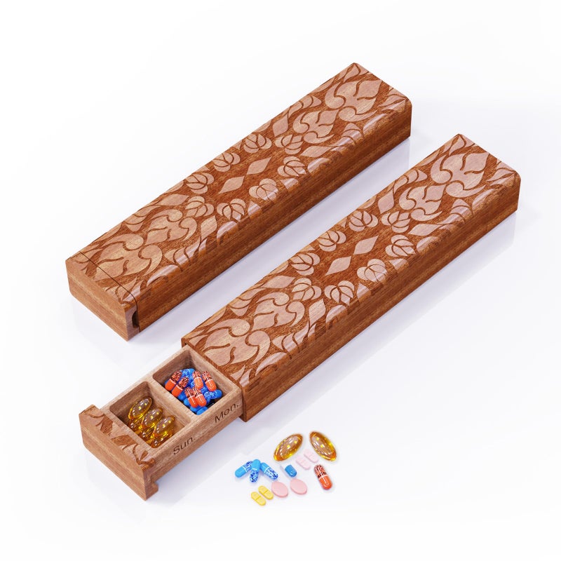 OYTKWU Wooden Pill Organizer, 7 Day Pill Box, Travel Pill Box, Wooden Pill Case Privacy Protection Perfect for Medication, Vitamins, Fish Oils, Supplementsï¼ˆSapeleï¼‰ - Image 1