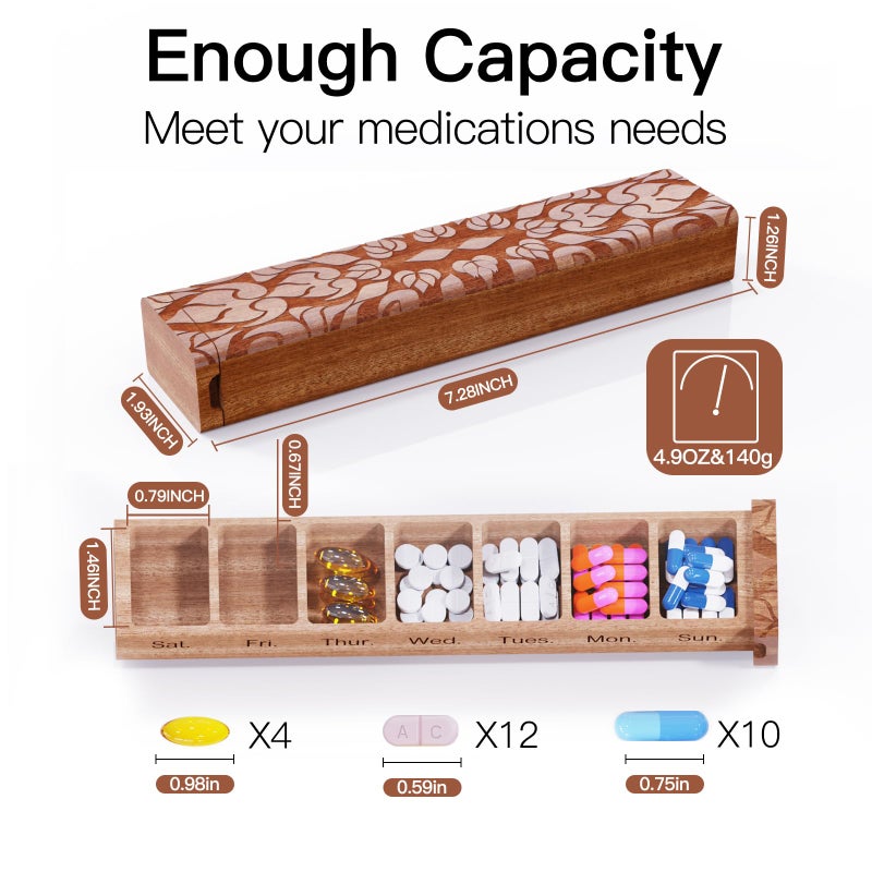 OYTKWU Wooden Pill Organizer, 7 Day Pill Box, Travel Pill Box, Wooden Pill Case Privacy Protection Perfect for Medication, Vitamins, Fish Oils, Supplementsï¼ˆSapeleï¼‰ - Image 3