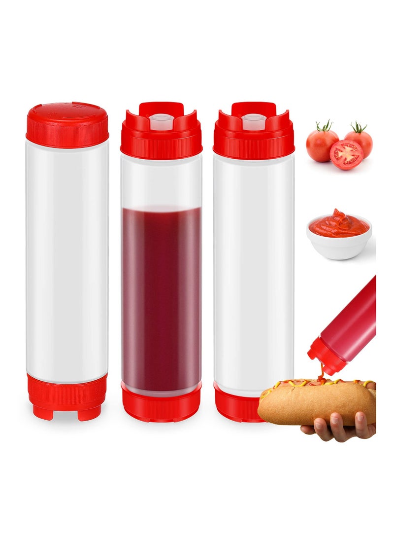 SYOSI 3 قطع زجاجات ضغط بلاستيكية سعة 16 أونصة من الجانبين قابلة لإعادة التعبئة مع فوهة كبيرة صلصة للكاتشب والقشطة الحامضة موزع شراب ذاتي الإغلاق للمطاعم والمطبخ - Image 1