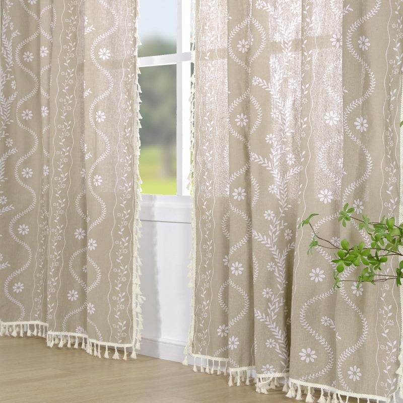 Schweek Boho Curtains 2 Panel for Living Room 84 Inches Long Linen Floral Curtains Semi Sheer Vintage Farmhouse Window Curtain Rustic Western Curtain Tan - Image 2
