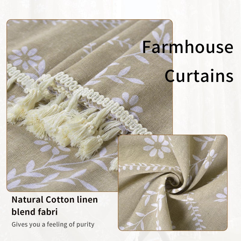 Schweek Boho Curtains 2 Panel for Living Room 84 Inches Long Linen Floral Curtains Semi Sheer Vintage Farmhouse Window Curtain Rustic Western Curtain Tan - Image 5