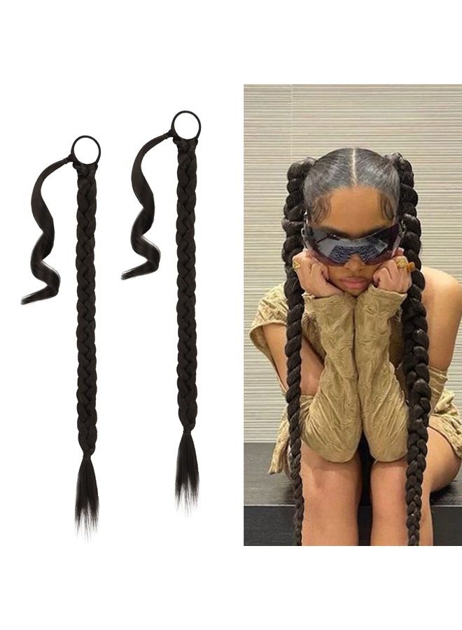 BARSDAR 2 قطع 26 بوصة طويلة من إكستنشن ذيل الحصان المجدول مع رباط شعر إكستنشن شعر مستقيم لذيل الحصان DIY قطعة شعر صناعية ناعمة طبيعية للنساء والفتيات - بني داكن - Image 1