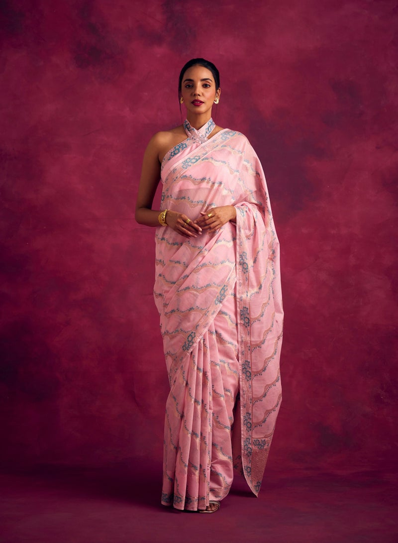 Abhishti Banarasi kamikaze woven zari saree-Pastel Pink  - Image 1