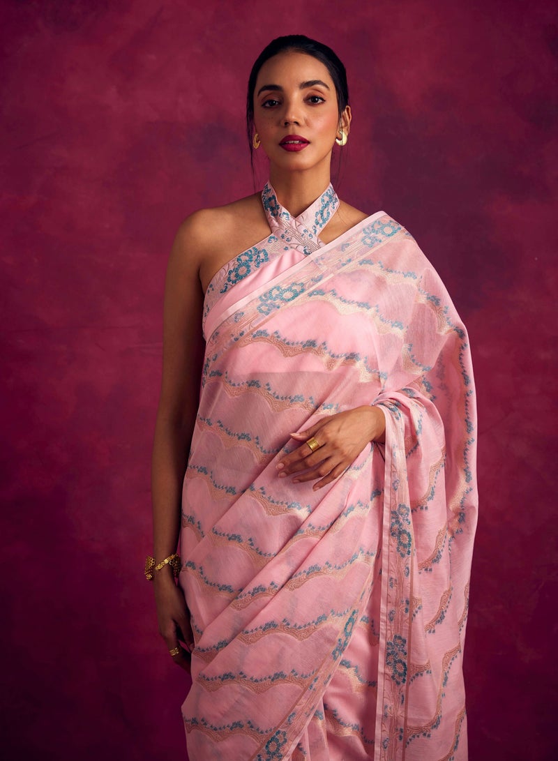 Abhishti Banarasi kamikaze woven zari saree-Pastel Pink  - Image 2