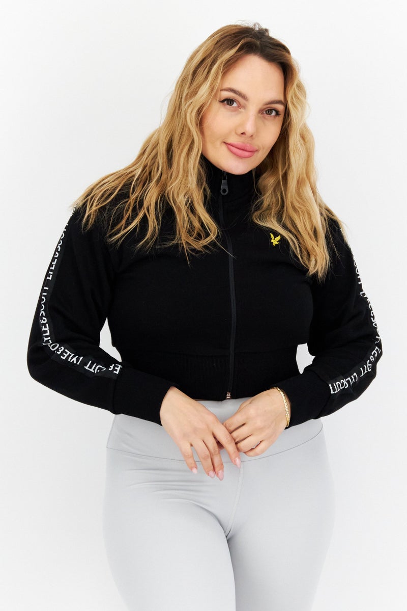 Lyle & Scott Women Mid Collar Long Sleeve Printed Cropped Sweatshirt, Black - Image 1
