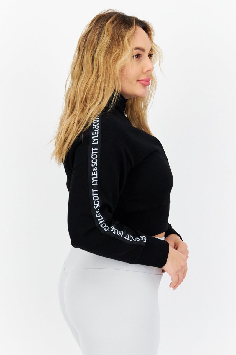 Lyle & Scott Women Mid Collar Long Sleeve Printed Cropped Sweatshirt, Black - Image 2