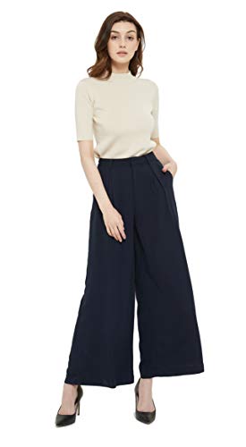 Tronjori Women High Waist Casual Wide Leg Long Palazzo Pants Trousers Regular Size(M, Navy Short) - Image 3