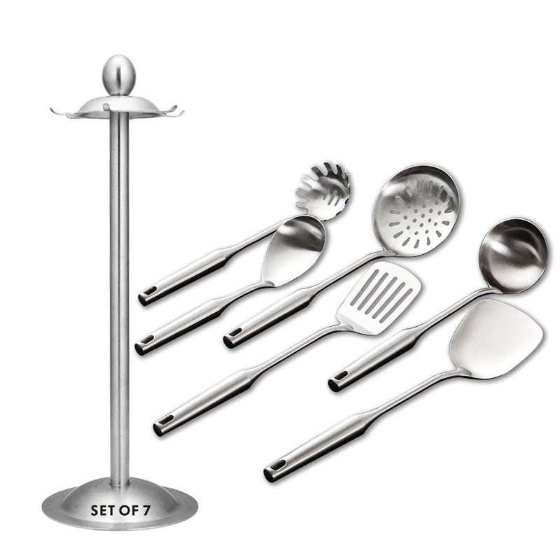 GXONE Kitchen Utensil Set  6 Piece Stainless Steel Cooking Utensils with Rotating Holder Organizer Includes Slotted Spoon Slotted Spatula Large Spoon Soup Ladle Spatula Pasta Server Silver7PCS 
