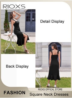 RIOXS Women's Midi Dresses Square Neck Ruffle Dresses Straps Semi Formal Maxi Wedding Guest Dresses For Wedding Bridesmaid Evening Party Homecoming Dress  - Image 3