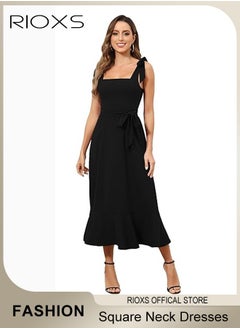 RIOXS Women's Midi Dresses Square Neck Ruffle Dresses Straps Semi Formal Maxi Wedding Guest Dresses For Wedding Bridesmaid Evening Party Homecoming Dress  - Image 1