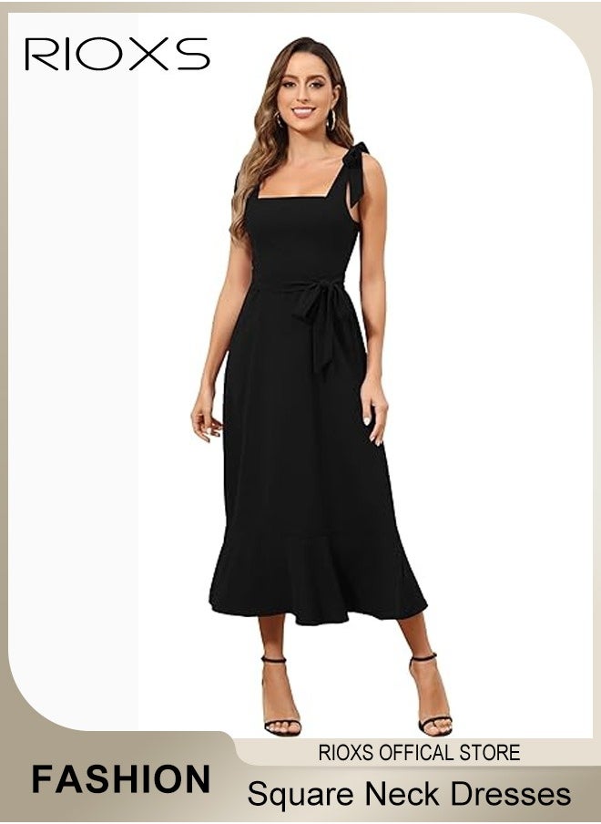 RIOXS - Women's Midi Dresses Square Neck Ruffle Dresses Straps Semi Formal Maxi Wedding Guest Dresses For Wedding Bridesmaid Evening Party Homecoming Dress - Image 1