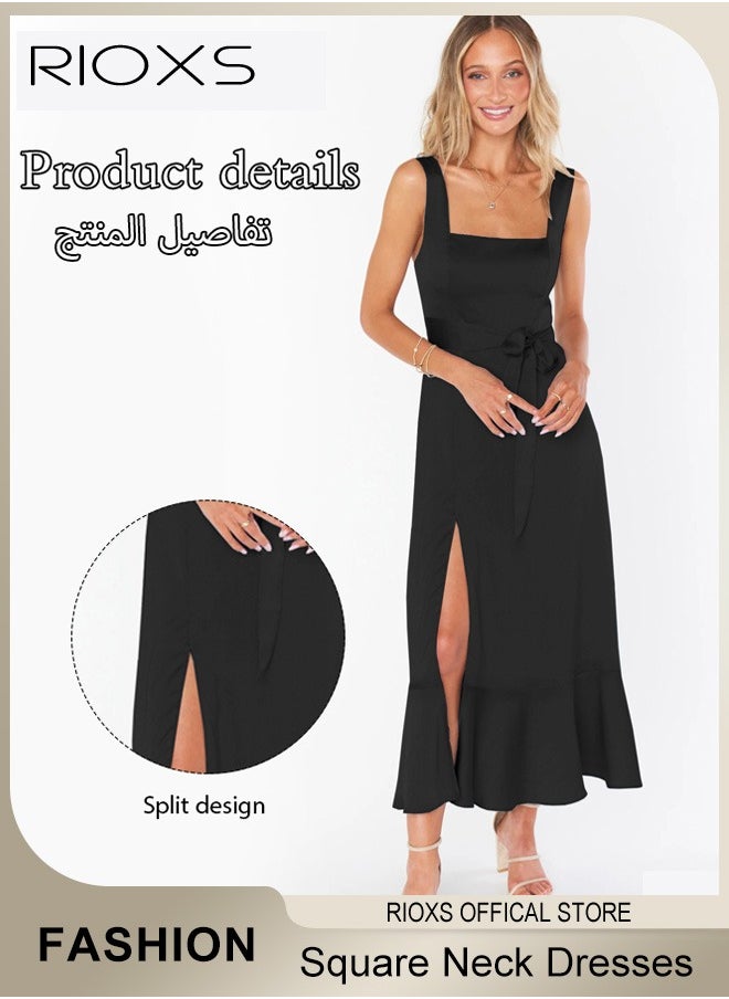 RIOXS - Women's Midi Dresses Square Neck Ruffle Dresses Straps Semi Formal Maxi Wedding Guest Dresses For Wedding Bridesmaid Evening Party Homecoming Dress - Image 1