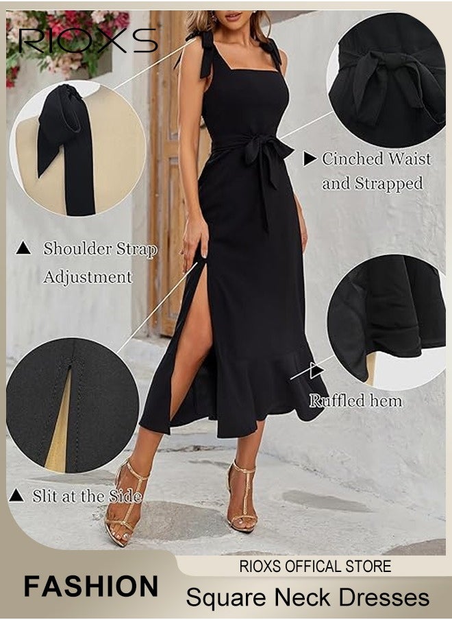RIOXS - Women's Midi Dresses Square Neck Ruffle Dresses Straps Semi Formal Maxi Wedding Guest Dresses For Wedding Bridesmaid Evening Party Homecoming Dress - Image 1