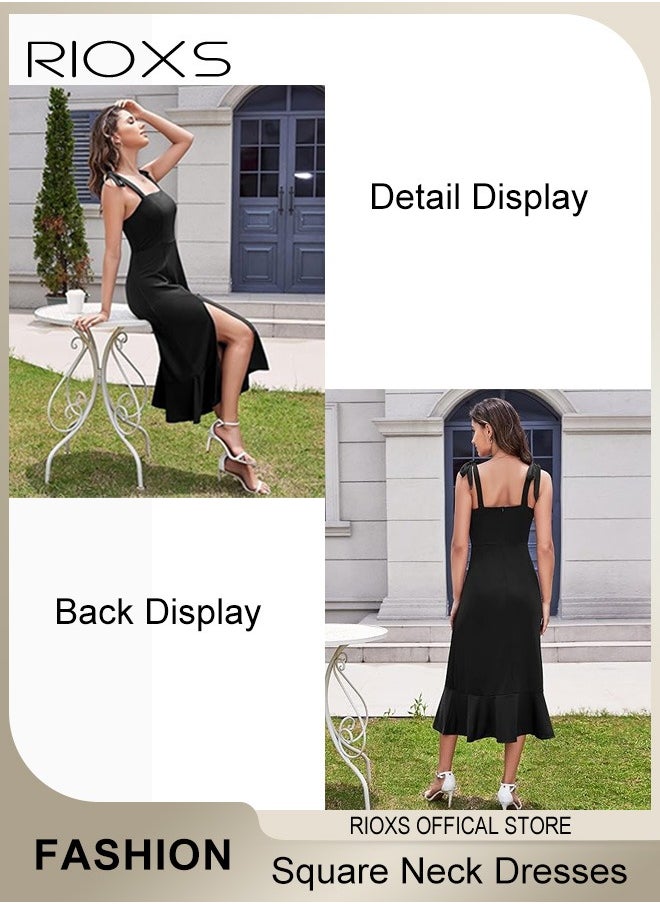 RIOXS - Women's Midi Dresses Square Neck Ruffle Dresses Straps Semi Formal Maxi Wedding Guest Dresses For Wedding Bridesmaid Evening Party Homecoming Dress - Image 1