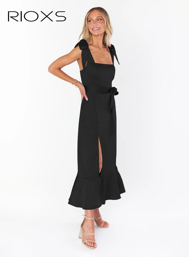 RIOXS Women's Square Neck Sleevelss Split Cocktail Dress, Elegant Ruffle Hem Shoulder Straps Tie Formal Dress, High Waist Bodycon Split Long Frmal Dress with Belt, Flowy Wedding Guest Cocktail Bridesmaid Graduation Party Dresses, Black - Image 2