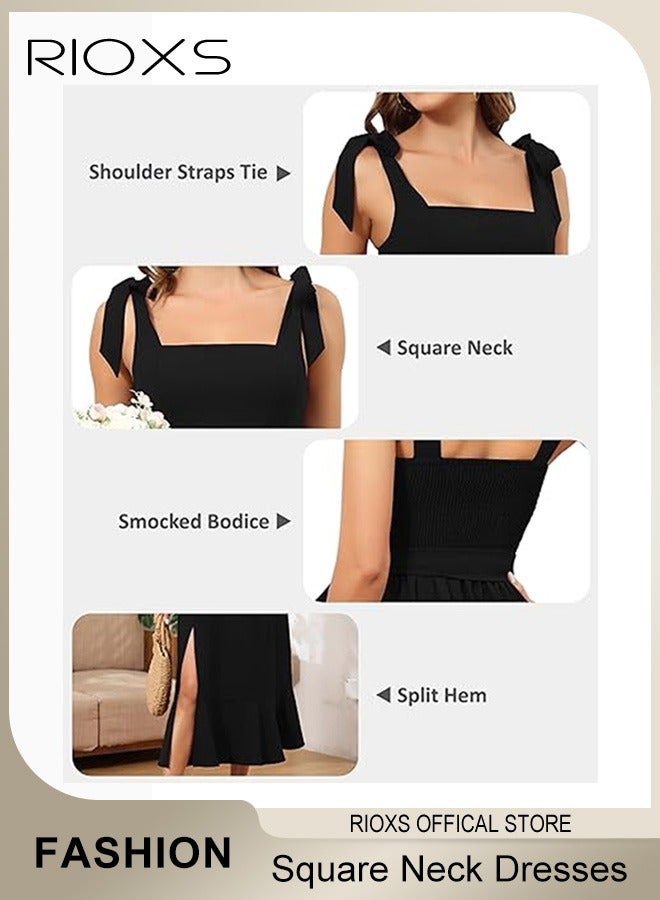 RIOXS Women's Square Neck Sleevelss Split Cocktail Dress, Elegant Ruffle Hem Shoulder Straps Tie Formal Dress, High Waist Bodycon Split Long Frmal Dress with Belt, Flowy Wedding Guest Cocktail Bridesmaid Graduation Party Dresses, Black - Image 5