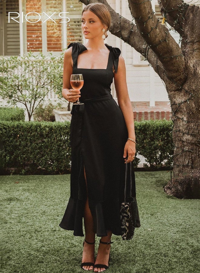 RIOXS Women's Square Neck Sleevelss Split Cocktail Dress, Elegant Ruffle Hem Shoulder Straps Tie Formal Dress, High Waist Bodycon Split Long Frmal Dress with Belt, Flowy Wedding Guest Cocktail Bridesmaid Graduation Party Dresses, Black - Image 3