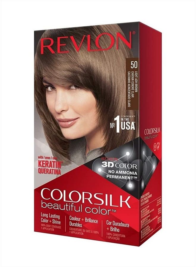 Revlon Permanent Hair Color by Revlon, Permanent Hair Dye, Colorsilk with 100% Gray Coverage, Ammonia-Free, Keratin and Amino Acids, 50 Light Ash Brown, 4.4 Oz (Pack of 1) - Image 1