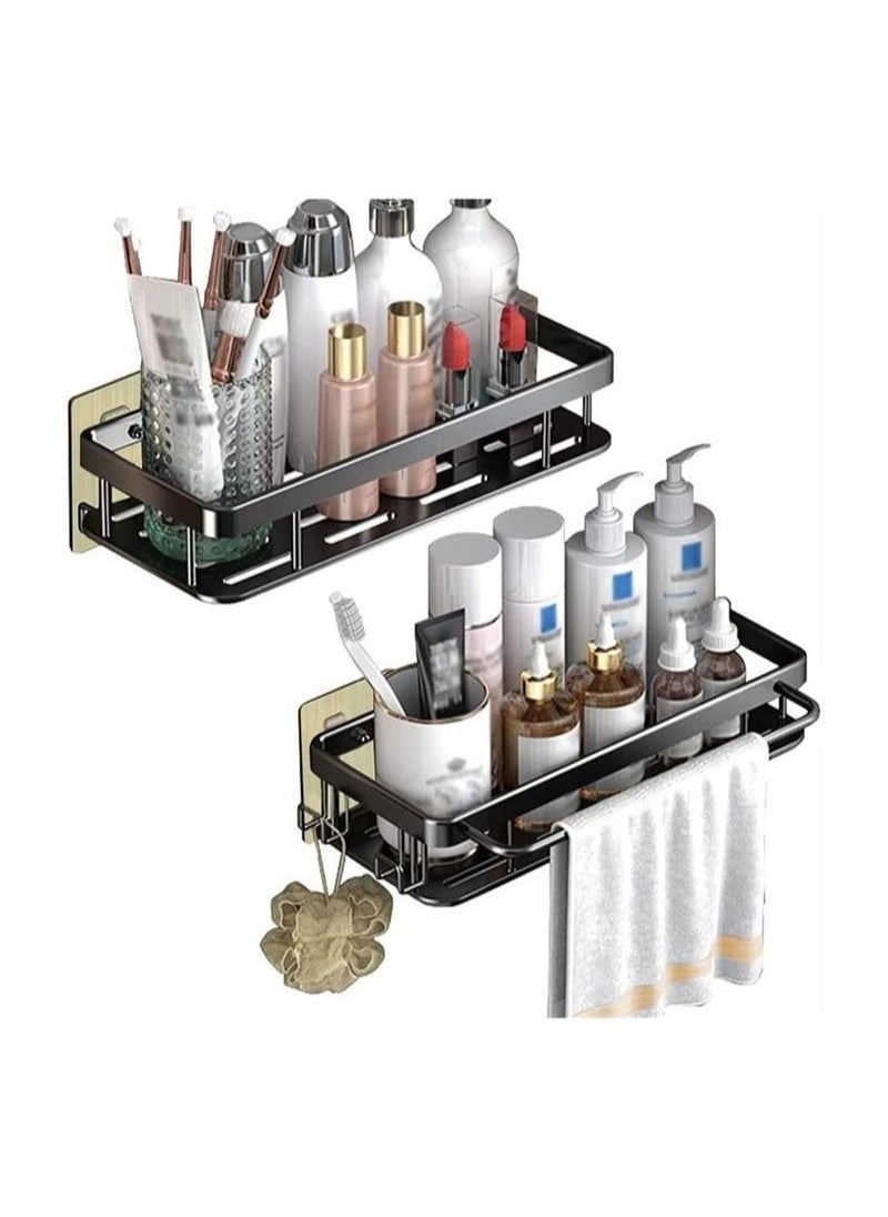 XiuWoo Adhesive Shower Caddy, 2 Pack Shower Organizer Shelf No Drilling Bathroom Shower Basket Shelf Rustproof, Waterproof Shower Holder Rack with Hooks for Bathroom, Kitchen (Black)  - Image 1