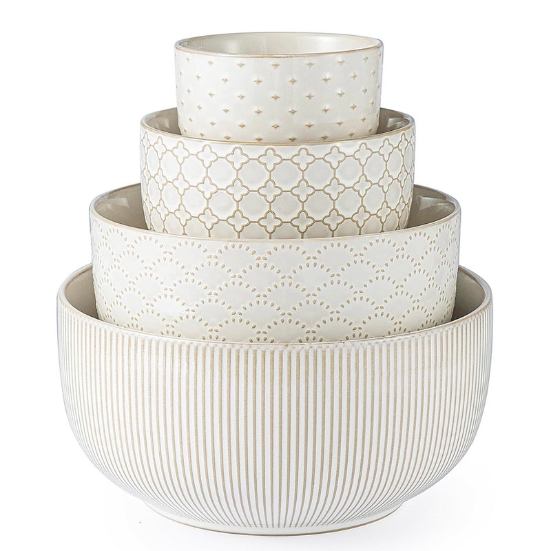 MIKIGEY Mikiegy Ceramic Mixing Bowls Set of 4, Nesting Ceramic Embossment Stoneware Mixing Bowls for Cooking, Serving, Popcorn, Salad etc, Microwave & Dishwasher Safe, 20/44/98/145 oz, Off-White - Image 1
