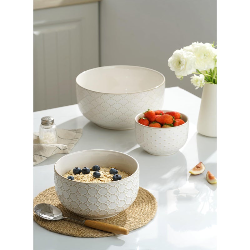 MIKIGEY Mikiegy Ceramic Mixing Bowls Set of 4, Nesting Ceramic Embossment Stoneware Mixing Bowls for Cooking, Serving, Popcorn, Salad etc, Microwave & Dishwasher Safe, 20/44/98/145 oz, Off-White - Image 5