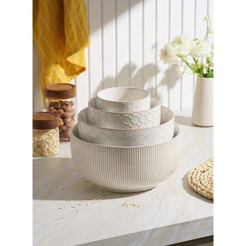 MIKIGEY Mikiegy Ceramic Mixing Bowls Set of 4, Nesting Ceramic Embossment Stoneware Mixing Bowls for Cooking, Serving, Popcorn, Salad etc, Microwave & Dishwasher Safe, 20/44/98/145 oz, Off-White - Image 3