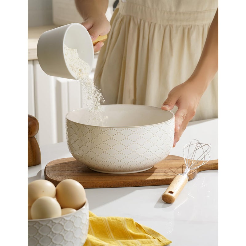 MIKIGEY Mikiegy Ceramic Mixing Bowls Set of 4, Nesting Ceramic Embossment Stoneware Mixing Bowls for Cooking, Serving, Popcorn, Salad etc, Microwave & Dishwasher Safe, 20/44/98/145 oz, Off-White - Image 4